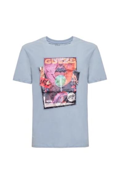 Guess Men's T-Shirt, Guess, Printed Logo, Blue, Cotton, L