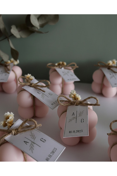 glow-candle by you Kişiye Özel Çiçekli 500 Adet Hediyelik Açık Pembe Bubble M...