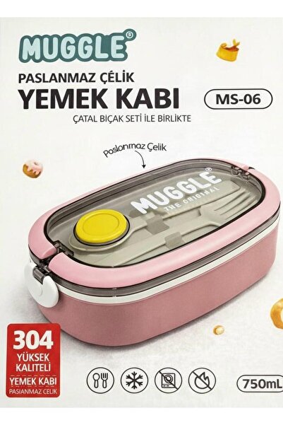 BuradaBuldun Paslanmaz Çelik Yemek Kabı 750 ml - Çatal Kaşık Setli, Çift Kilitli Tasarım- Pembe Renk