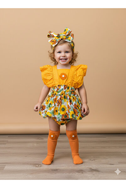 ues Kız Bebek Figürlü Turuncu Ayçiçek SLopet Bandana Ve Turuncu Çorap Set