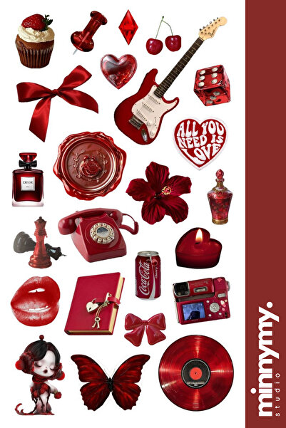 Minnymy Red Collection Vintage Sticker, Çıkartma, Ajanda, Günlük, Planlayıcı,...