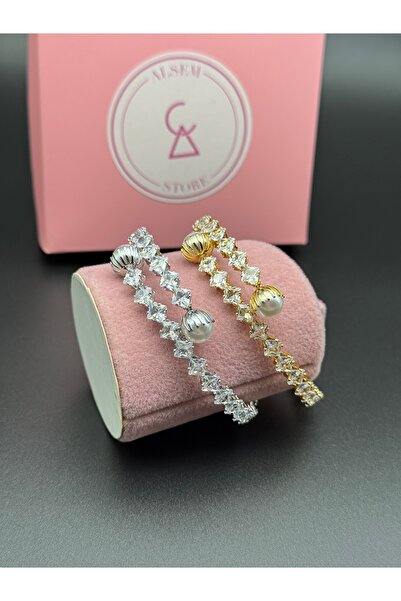 Alsem Gümüş ve Gold Kaplama Svarovski Taşlı Elmas Kesim Bileklik Seti , İnci ...
