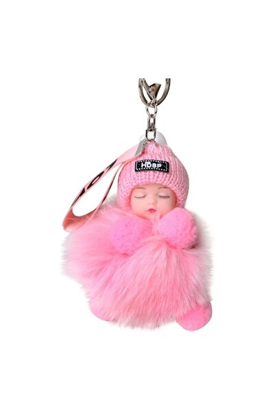 OEM Fluffy Pom Pom Keychain, Sleeping Baby Model, Multicolor, 3.5x4.3 in