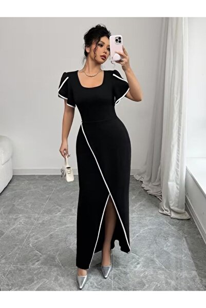 Mostpera Kadın Kare Yaka Kısa Kollu Önden Çapraz Kesim Detaylı Maxi Krep Elbise