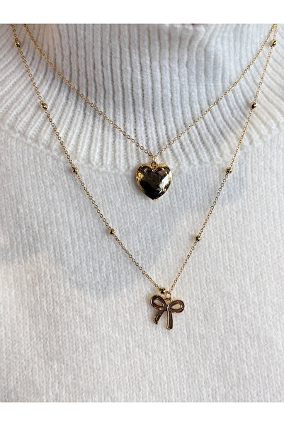 Gistoria Fiyonk ve Kalp Charm Çift Sıra Zincir Kolye