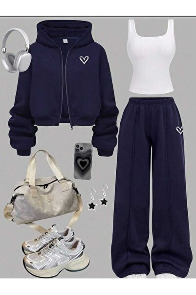 VESTIR BIEN Kalp Baskılı 3'lü Çimalı Lacivert Beyaz Kışlık Takım Fermuarlı