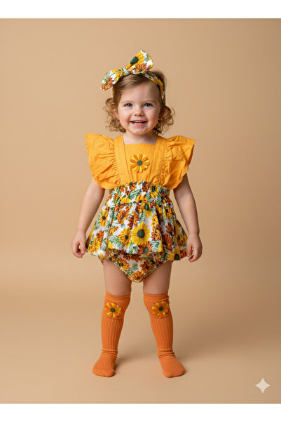 ues Kız Bebek Figürlü Turuncu Ayçiçek SLopet Bandana Ve Turuncu Çorap Set