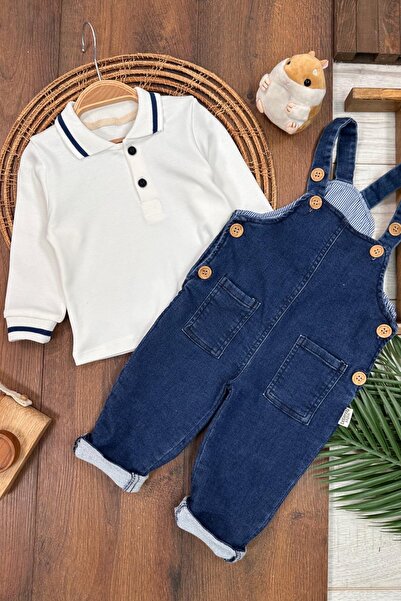 MixMax Bebe Erkek Bebek Polo Yaka Sweatshirt Düğmeli-Likralı Kot Salopet Takım