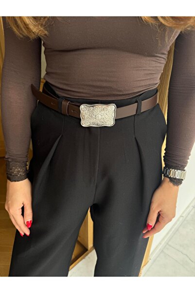 Tina İstanbul Rectangular Metal Buckle Cowboy Belt Bitter Brown
