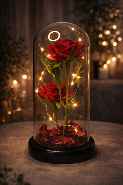 ozbience Şeffaf Cam Fanus İçinde 2 Güllü LED Işıklı Dekoratif Aranjman