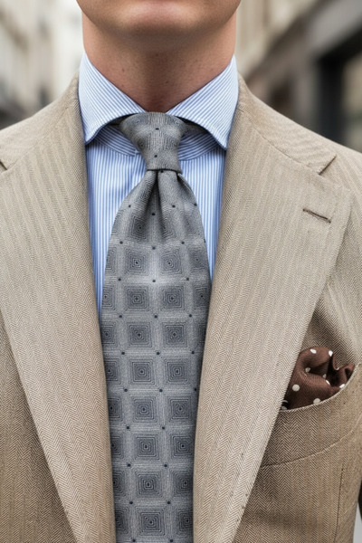 CROATE Gray Tile Pattern 100% Silk Tie