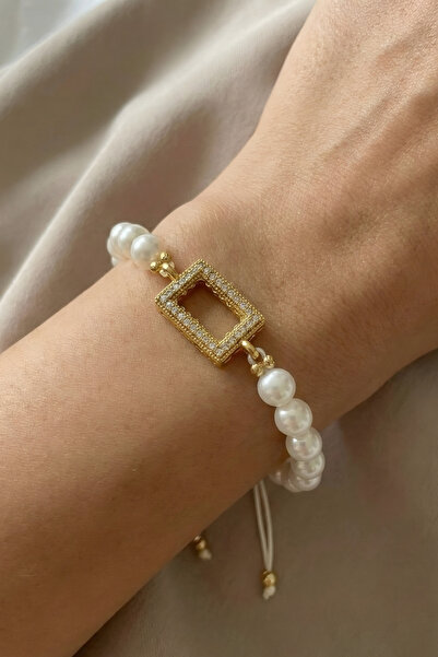 Volenta Shop Külçe Gram Altın Uyumlu Zirkon Taşlı Çerçeveli İnci Bileklik