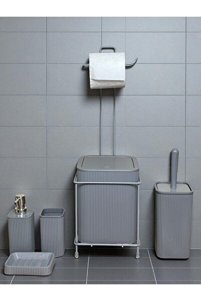 ozbience Modern 6 Parça Banyo Seti, Metal Stantlı Çöp Kovası ve Tuvalet Fırçası