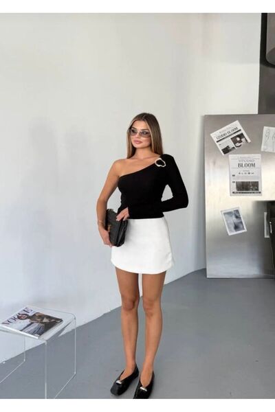 NAARA DESING tek omuz tokalı rib örme crop bluz