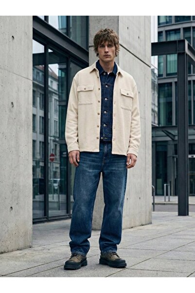 Ltb Long Sleeve Buttoned Front Basic Cream Shirt