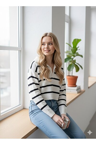 Sublime Butik Kadın Polo Yaka İnce Çizgili Triko Kazak