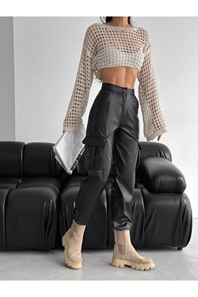 Azra Moda Style New Season Leather Trousers Lycra Cargo Pocket Detail Women