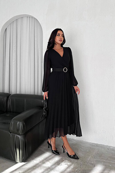 Kiki Black tiered midi dress with a waist belt and distinctive V-neck - Made ...
