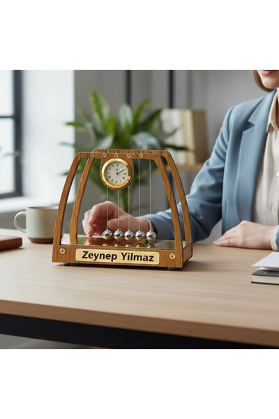 hediyesahibi Kişiye Özel İsimli Ahşap Masaüstü Saatli Newton Denge Topları