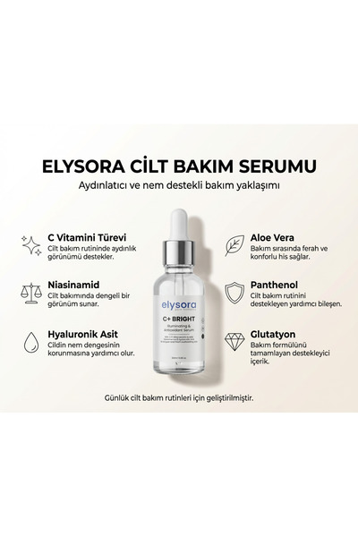 Elysora Aydınlatıcı ve Ton Eşitleyici Serum – C Vitamini, Glutatyon & Niacina...
