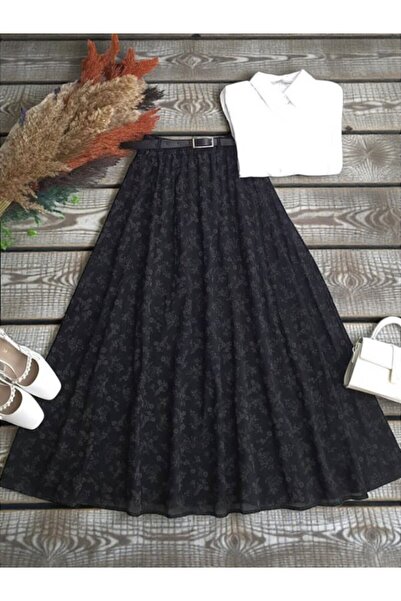 ŞAHİN TESETTÜR GİYİM DERİ KEMERLİ BELİ LASTİKLİ ÇİÇEK DESENLİ ASTARLI TÜL ETE...