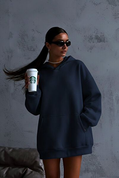 GUARAZ Oversize Navy Blue Soft Textured Basic Black Hooded Sweatshirt Hoodie ...