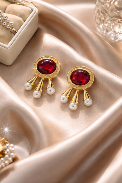 Feya Atelier Kırmızı Taşlı Gold Küpe