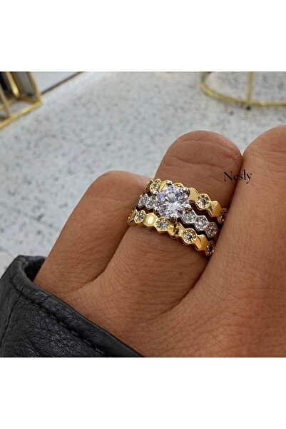 neslyaccessories Honeycomb Model Single Stone Triple Adjustable Ring Set