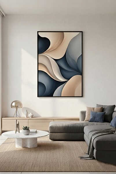 hollywest Lüks Bej ve Lacivert Soyut Dalga Duvar Sanatı | Modern Çerçeveli Tablo
