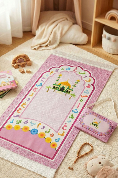 Lotus Dükkan Eğitici Elifba Desenli, Çantalı Çocuk Seccadesi - Pembe