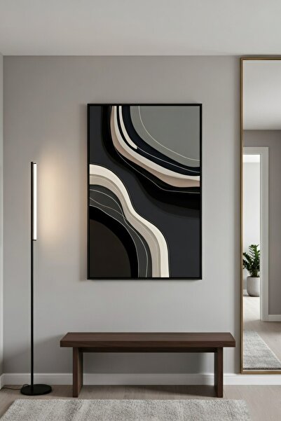 hollywest Lüks Siyah ve Bej Dalgalı Form Duvar Sanatı | Modern Çerçeveli Tablo