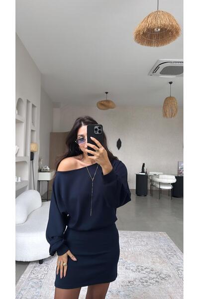 Buket Teke Navy Blue Skirt-Fitting Modal Dress