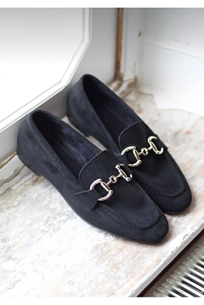 MyleeButik Siyah Süet Tokalı Yumuşak Deri Kadın Loafer Babet