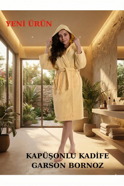 Home Kapüşonlu Genç Garson Boy Unisex Cepli Kadife Pamuklu Bornoz
