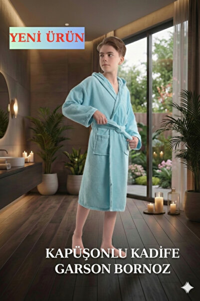 Home Kapüşonlu Genç Garson Boy Unisex Cepli Kadife Pamuklu Bornoz
