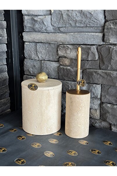 ozbience Doğal Taş Traverten Çöp Kovası ve Tuvalet Fırçalığı 2'li Set