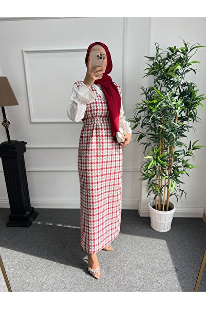 Nisa Nalbantoğlu Red Checkered Tweed Hijab Gilet - Size 130