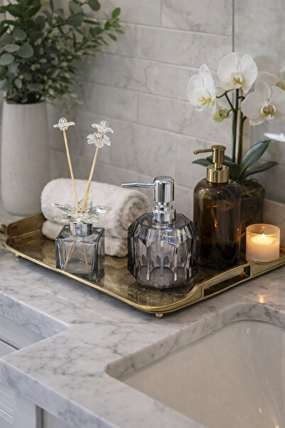 ozbience Şık Sıvı Sabunluk ve Kristal Taşlı Koku Şişesi Banyo Seti