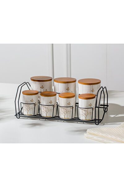 Malooki Set of 7 porcelain storage containers with wooden lids and metal stan...