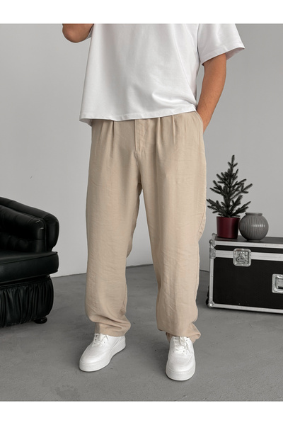 BYBASICMAN Μπεζ Πλισέ Παντελόνι από Ύφασμα Τένσελ KE-1300
