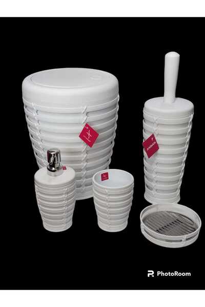 ozbience Primanova Palm 5 Parça Yuvarlak Banyo Çöp Kovası Seti Beyaz