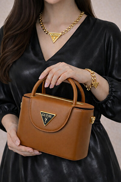 BARAQA Camel/caramel color handbag with a gold triangle logo