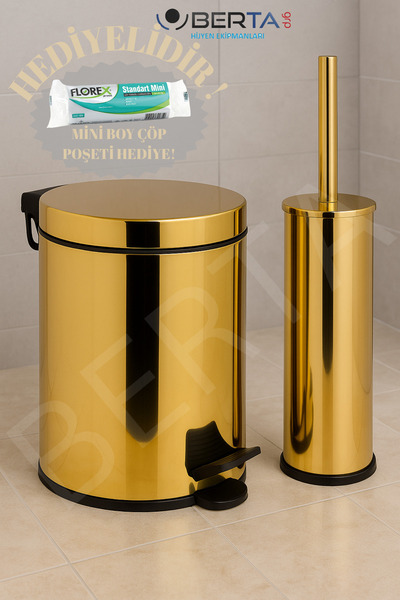 ozbience Mini Altın Banyo Seti: Çöp Kovası, Tuvalet Fırçası ve Poşet Hediyeli