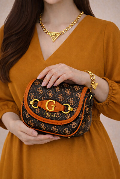 BARAQA Monogram pattern bag with orange trim and gold G-shaped clasp
