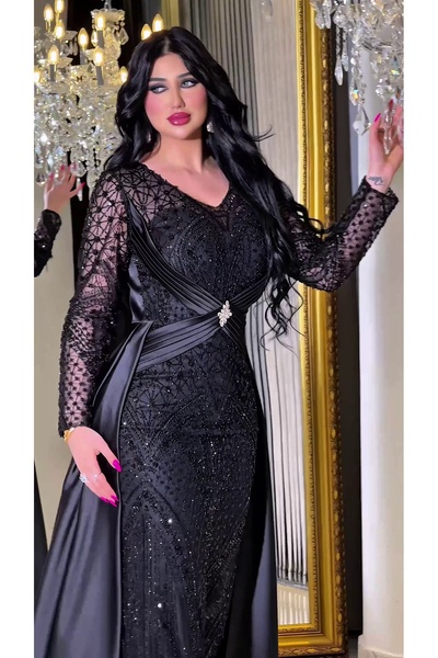 NHMODA فستان سهرة مطرز بالترتر على شكل حرف V من الخلف