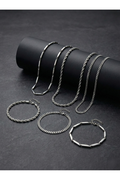 GLANZEND 6'lı Paslanmaz Çelik İtalyan Erkek Kolye ve Bileklik Seti 3 Kolye Ve...
