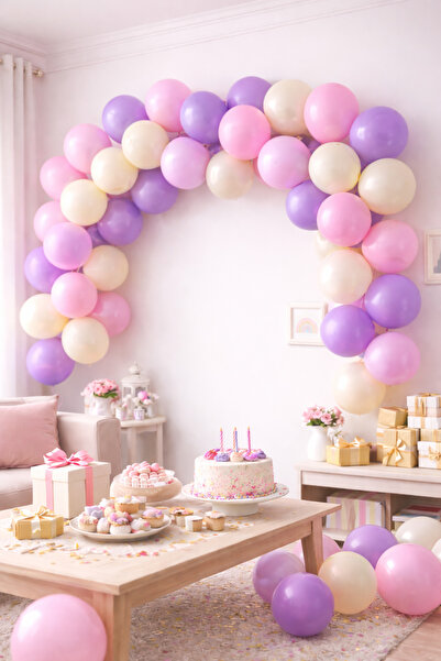 EvremStore 62 Parça 12İnç Balon Zincir Seti - Pembe - Mor - Deniz Kumu - Part...