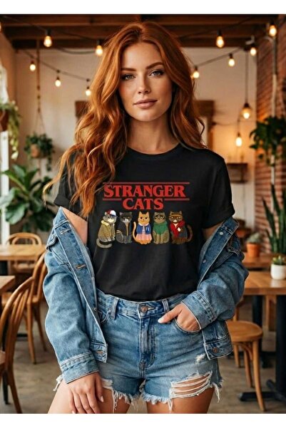 LiyAdaCo Unisex Stranger Cats Printed Black T-Shirt -Oversize T-Shirt