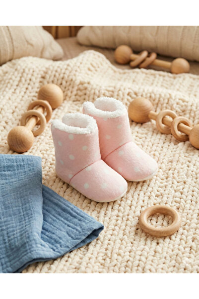 CloudStone Kız Bebek Pembe Puantiyeli 9-12 Ay Kaydırmaz Tabanlı Kürklü Peluş ...