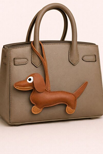 Fivy Light Brown Faux Leather Cute Sausage Dog Charm, Bag Ornament, Keychain